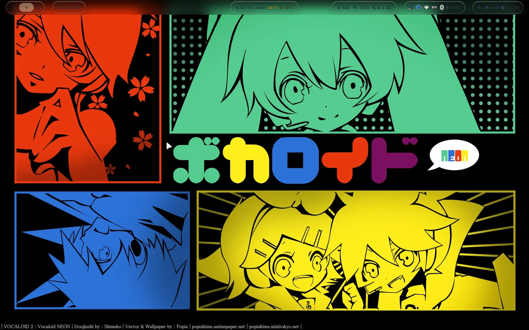 mikufans 主题截图，Vocaloid neon 壁纸和顶部 Waybar
