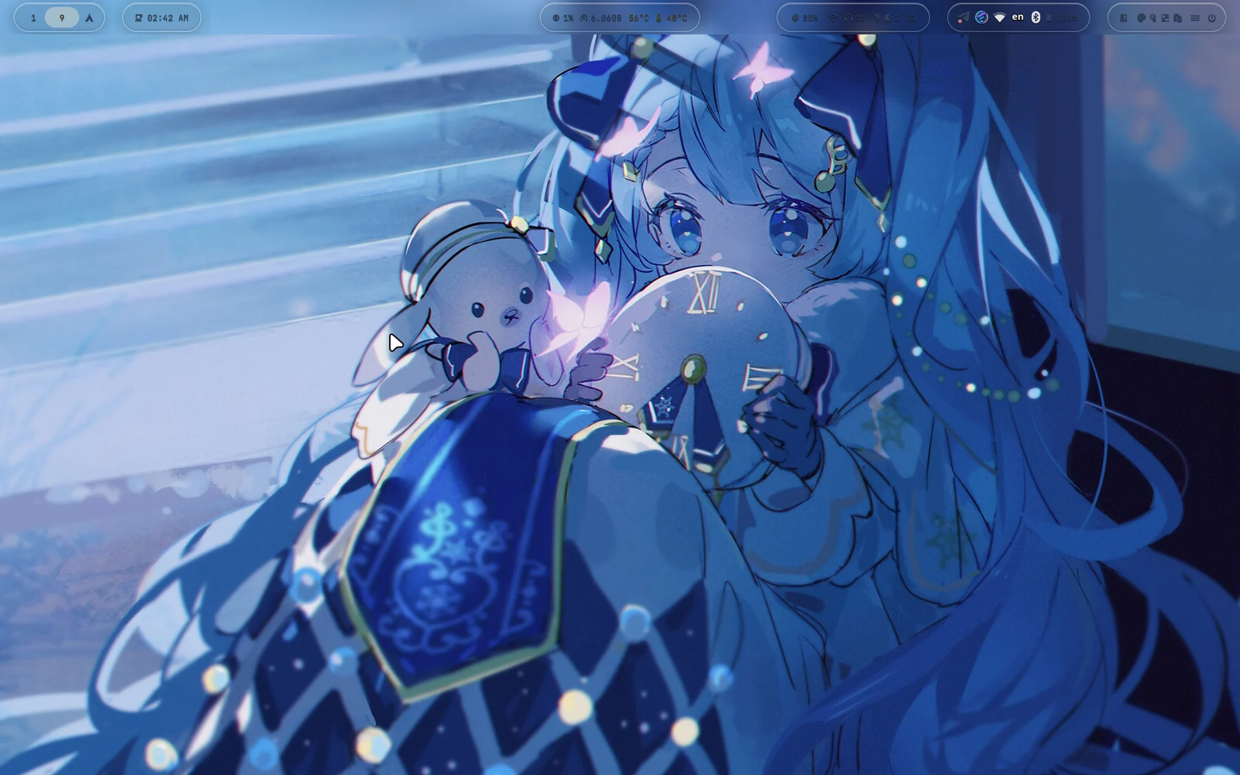 mikufans 主题截图，Miku winter 壁纸和顶部 Waybar