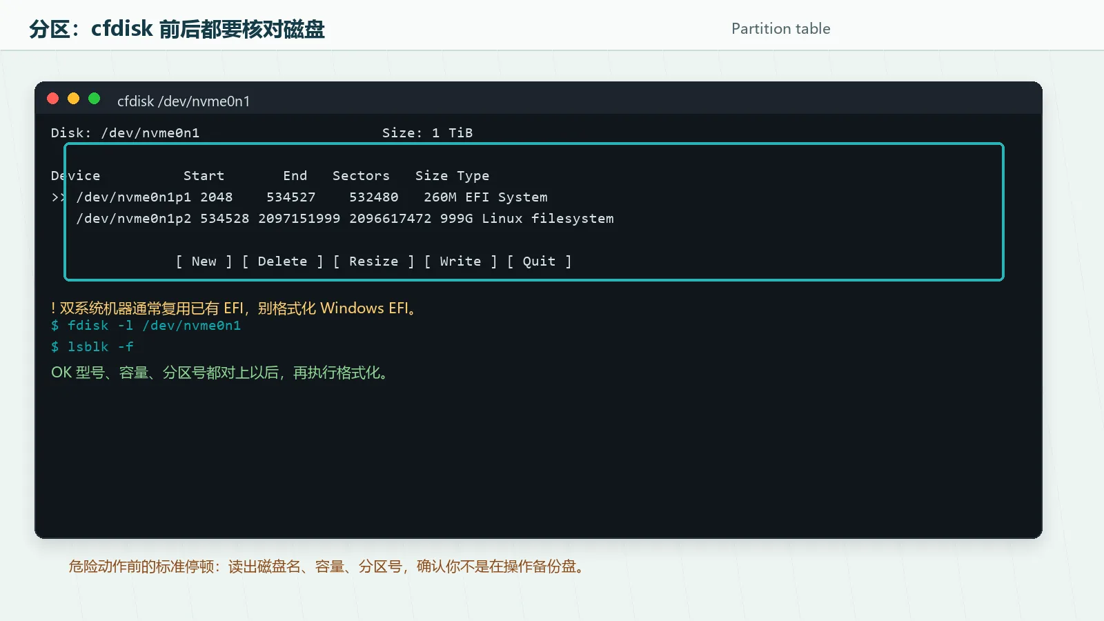 cfdisk 中显示 GPT 分区表、EFI 分区和 Btrfs 根分区的终端截图