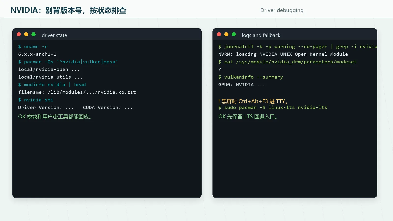 查询 Arch 内核、NVIDIA 包、nvidia-smi、journalctl 和 Vulkan 状态的终端截图
